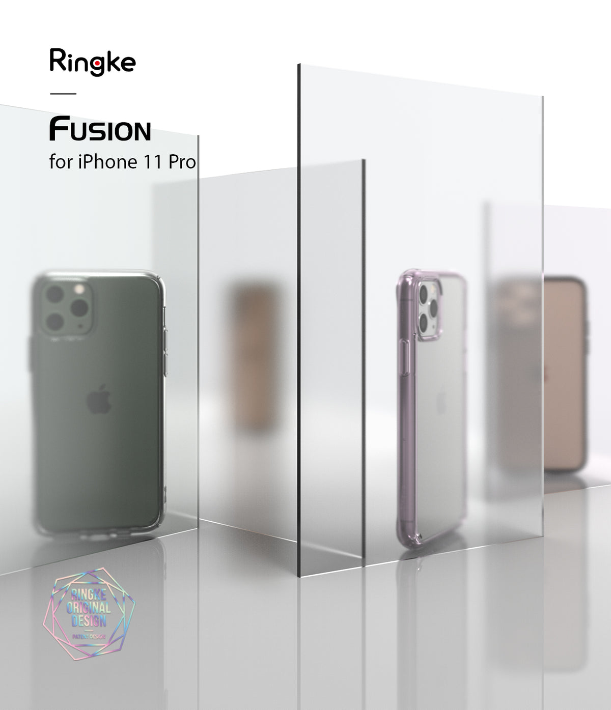 iPhone 11 Pro Case | Fusion Matte - Two iPhone 11 Pro phones in matte cases displayed behind transparent glass panels.