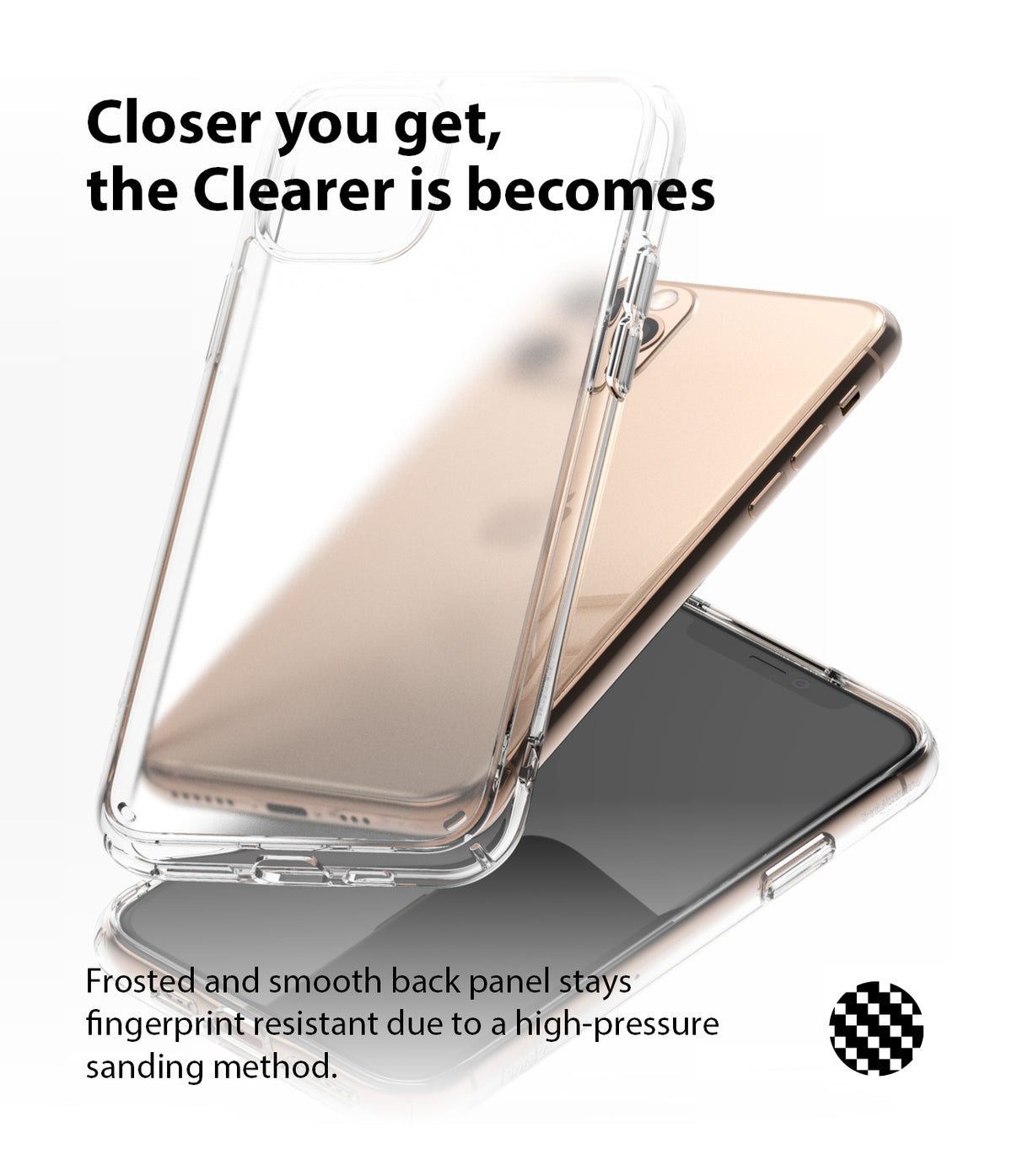 iPhone 11 Pro Case | Fusion Matte - A gold iPhone 11 Pro inside a clear, frosted protective case with text overlays.