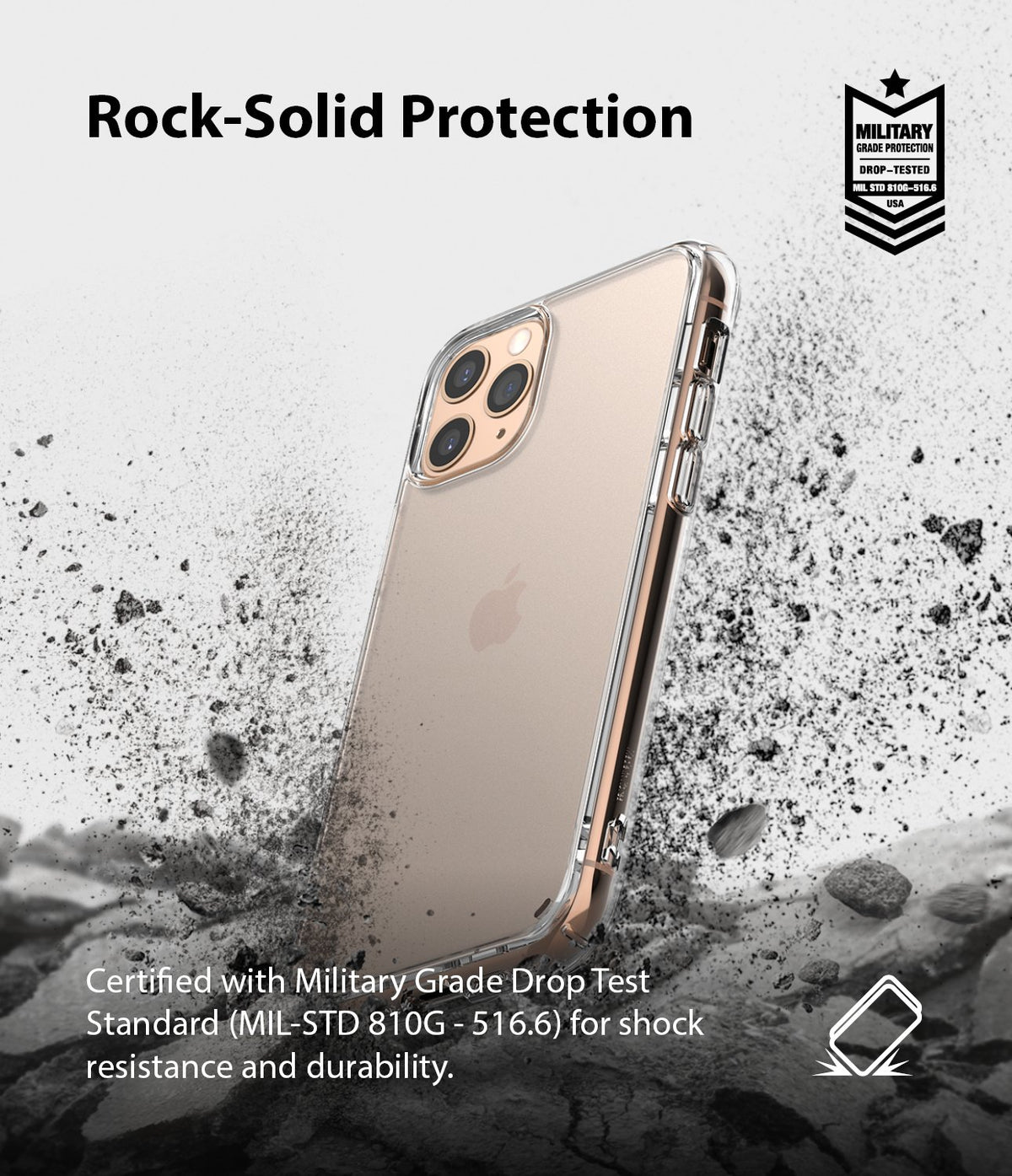 iPhone 11 Pro Case | Fusion Matte - iPhone 11 Pro in a clear case surrounded by dust and debris, highlighting military-grade drop protection.