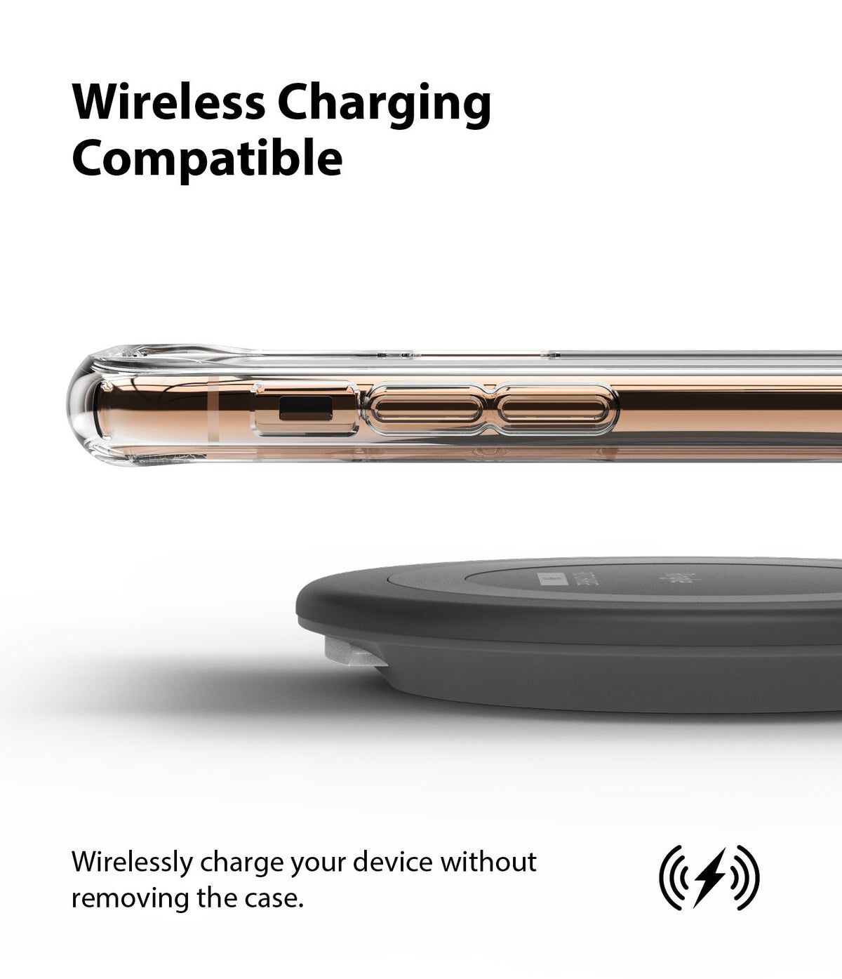 iPhone 11 Pro Case | Fusion Matte - Side view of a rose gold iPhone in a clear case hovering above a wireless charging pad.