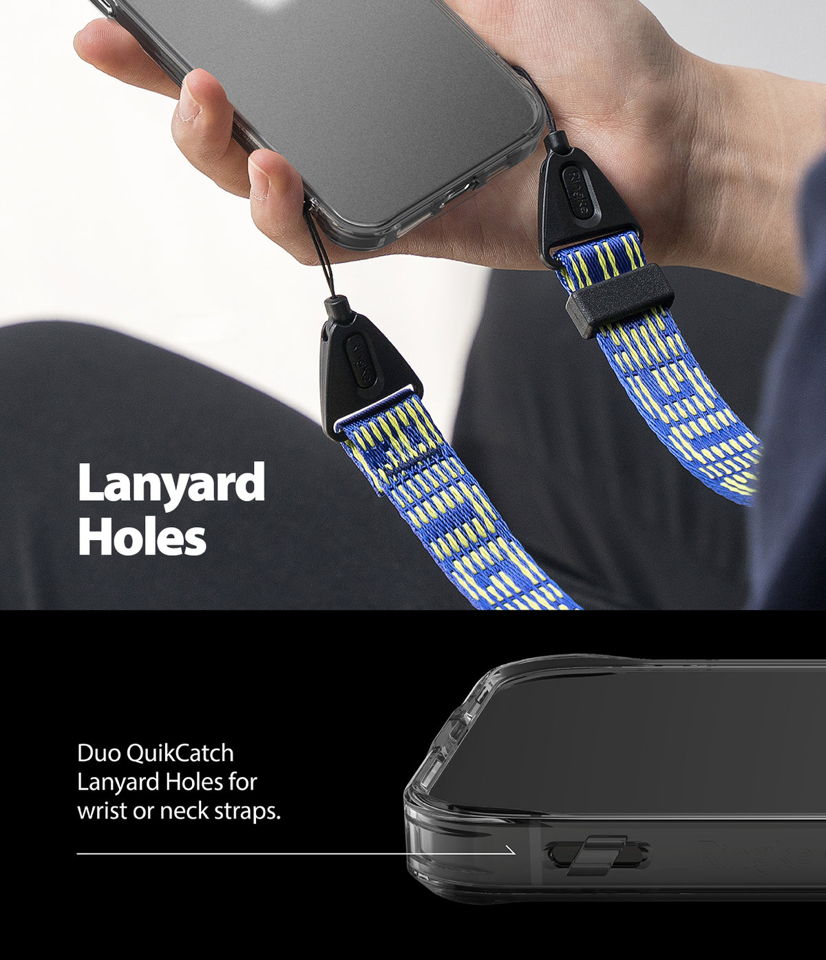 iPhone 12 Mini Case | Fusion Matte - Hand holding a phone with a blue and yellow patterned lanyard attached to side holes.
