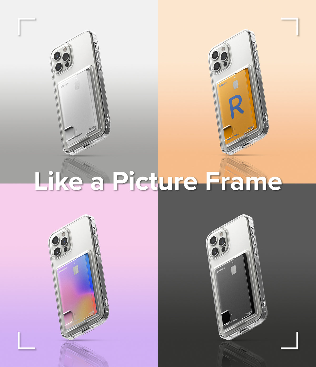 iPhone 12 Pro Max Case | Fusion Card - Four clear phone cases with different colored cards inserted against varied backgrounds.