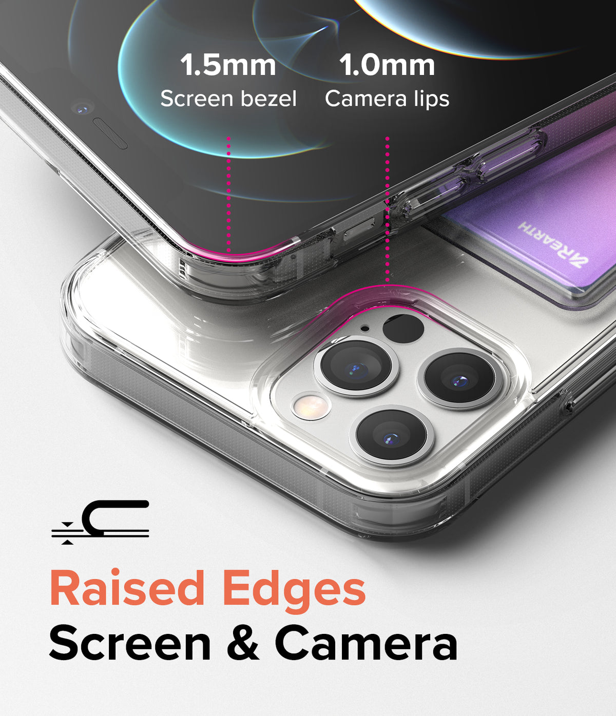 iPhone 12 Pro Max Case | Fusion Card - Clear case showing 1.5mm screen bezel and 1.0mm camera lip protection.