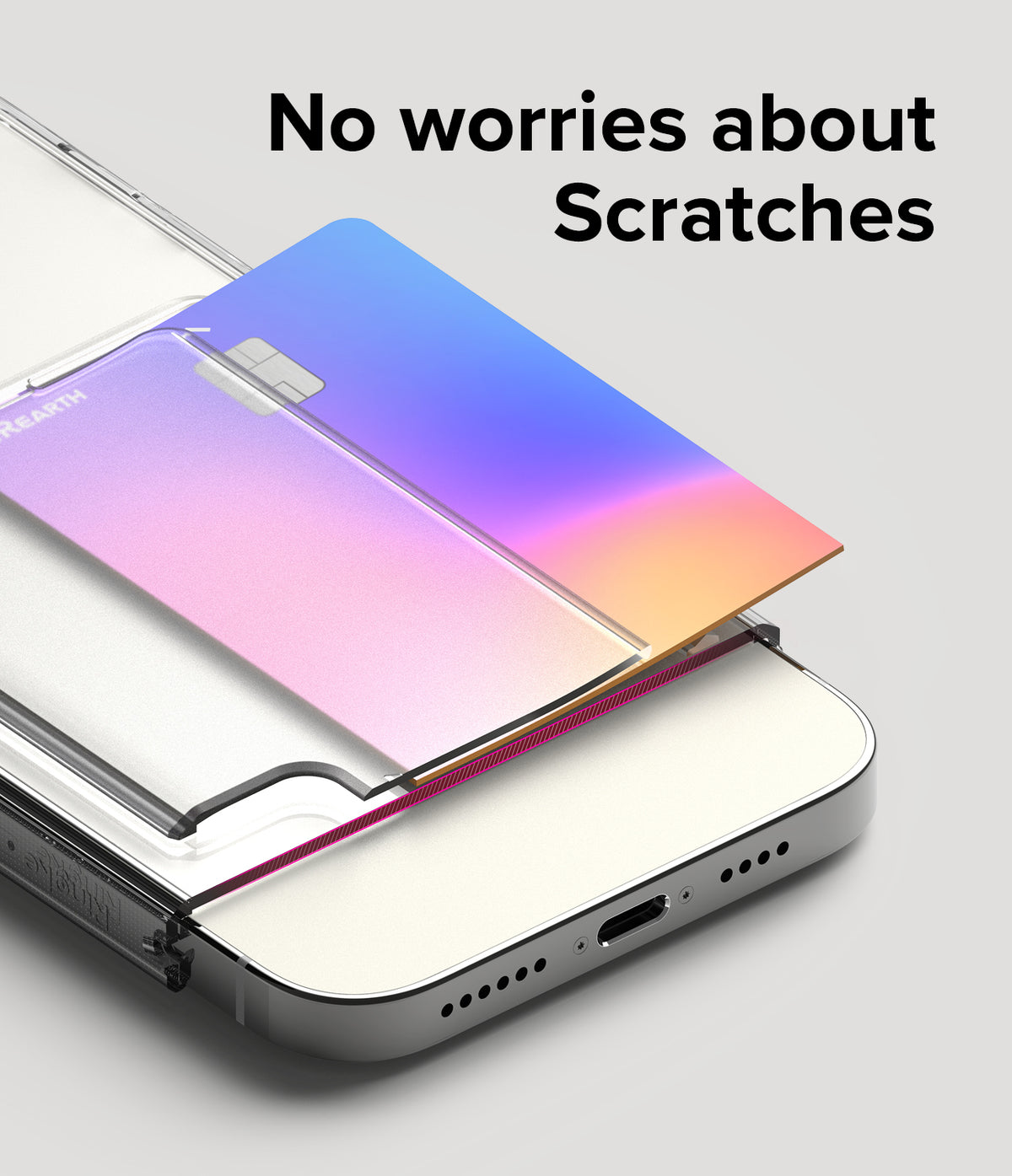 iPhone 12 Pro Max Case | Fusion Card - A clear phone case holding a gradient credit card with text No worries about Scratches.