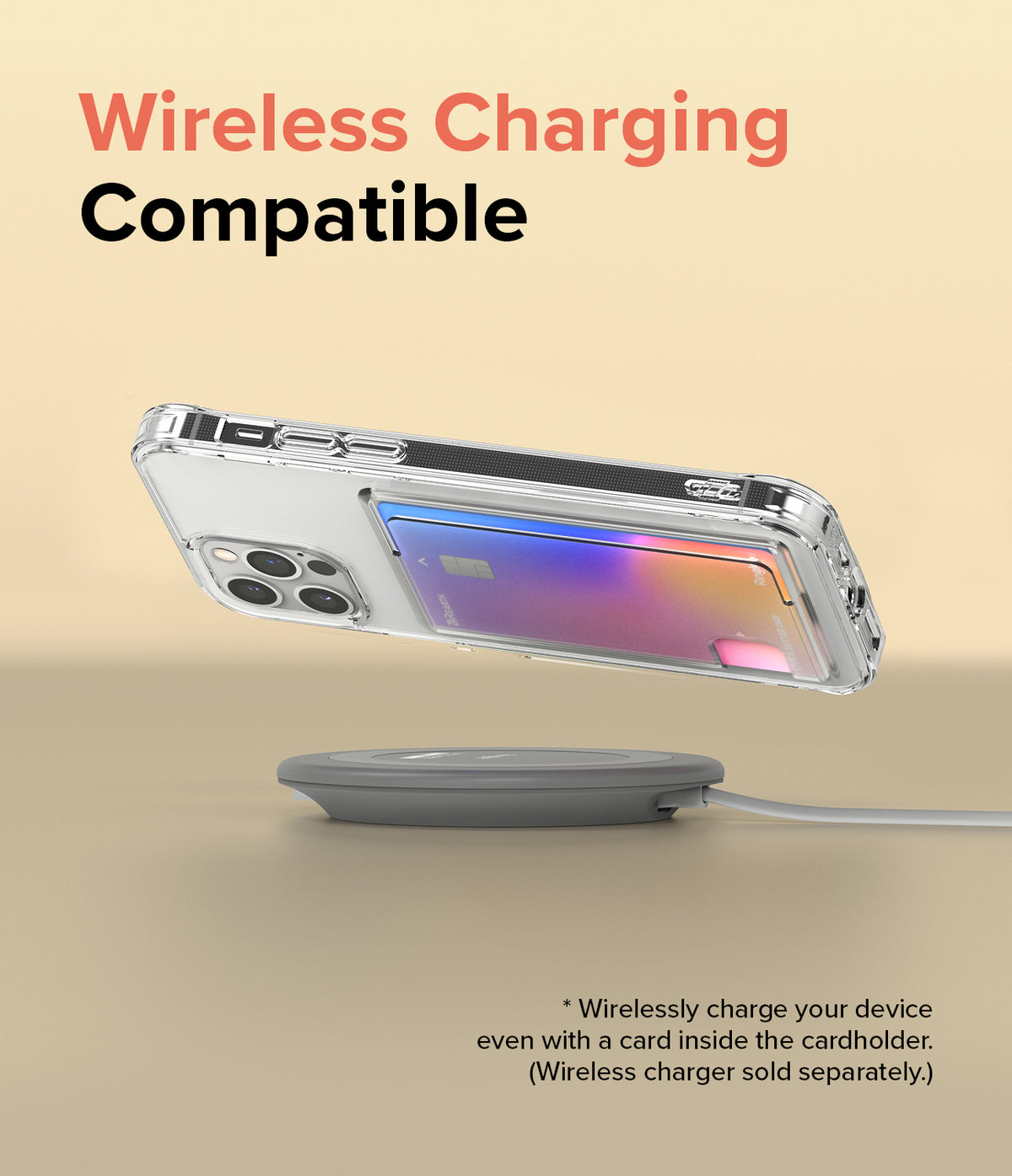 iPhone 12 Pro Max Case | Fusion Card - Clear phone case with a card holder hovering above a wireless charging pad.
