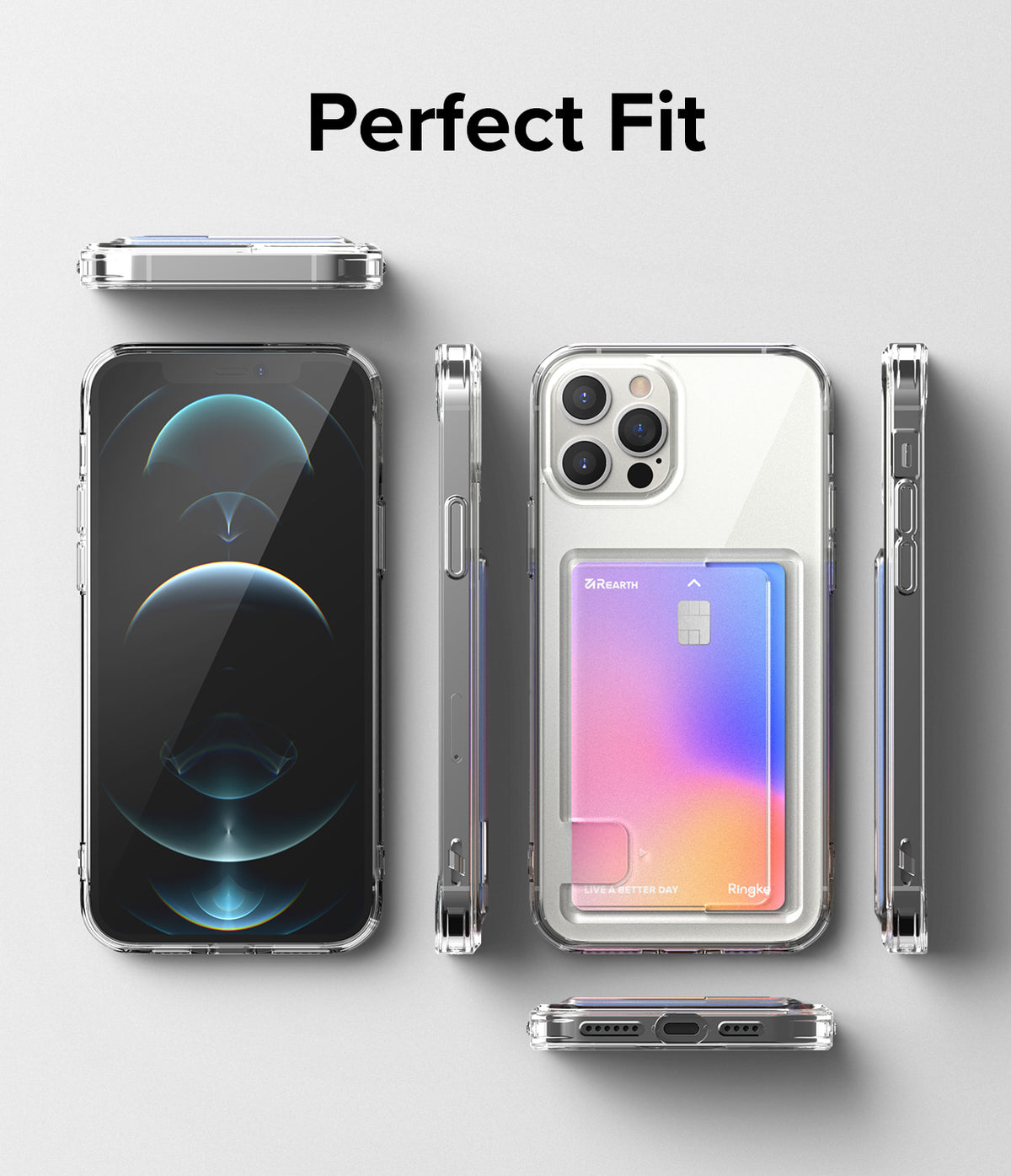 iPhone 12 Pro Max Case | Fusion Card - Clear phone case with a gradient card holder, shown from multiple angles.
