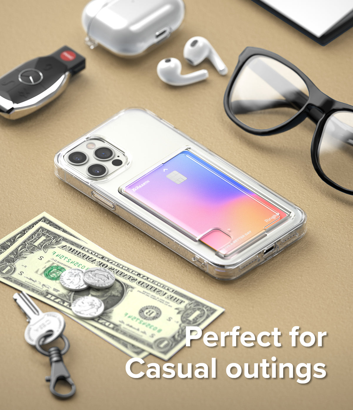 iPhone 12 Pro Max Case | Fusion Card - Clear phone case with a gradient card, surrounded by everyday carry items.