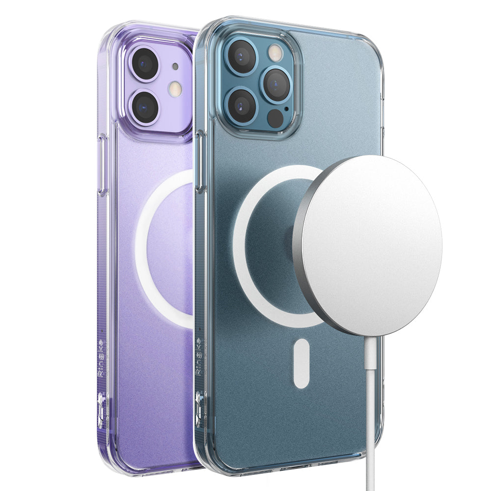 iPhone 12 / 12 Pro Case | Fusion Magnetic - Two clear phone cases with magnetic charging rings, one purple and one blue.