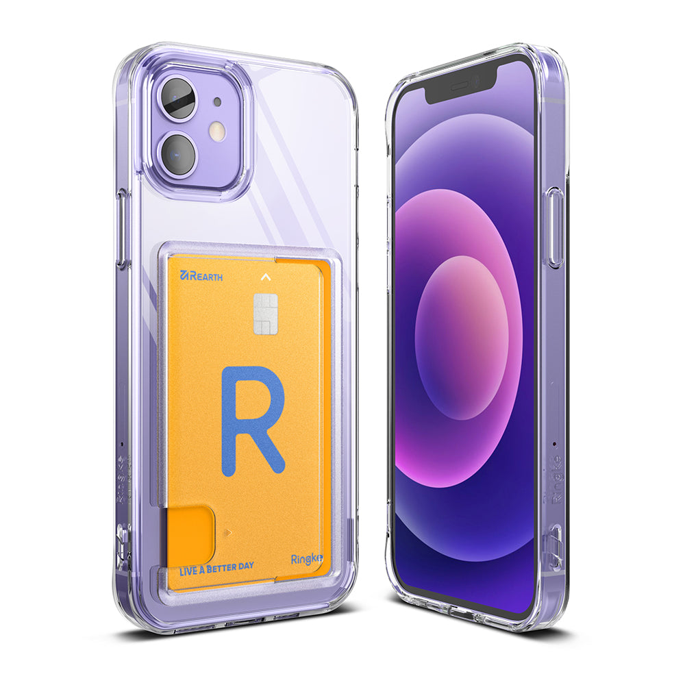 iPhone 12 / 12 Pro Case | Fusion Card - Clear phone case with a purple tint and a yellow card holder on the back.