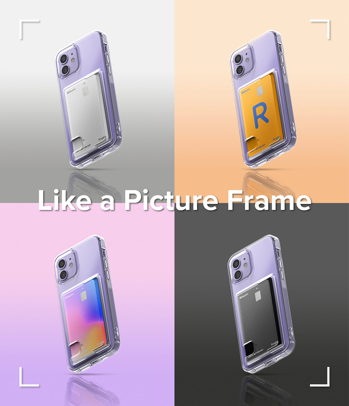 iPhone 12 / 12 Pro Case | Fusion Card - Four clear phone cases displaying different colored cards against varied backgrounds.