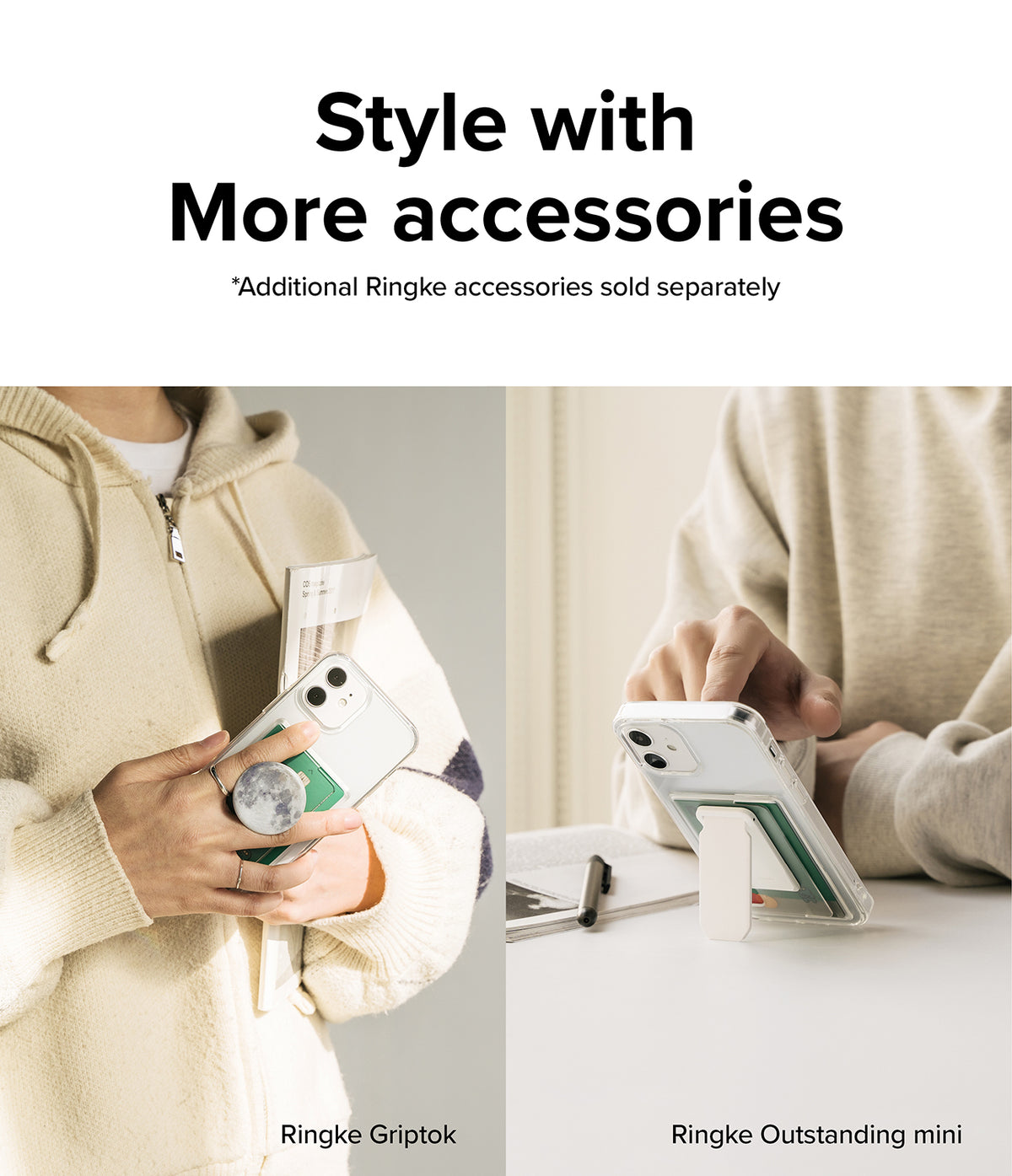 iPhone 12 / 12 Pro Case | Fusion Card - Split view showing a clear phone case with a moon grip and a white kickstand.