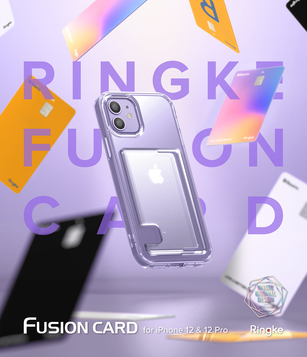 iPhone 12 / 12 Pro Case | Fusion Card - Clear phone case with card slot floating against a purple background with cards.