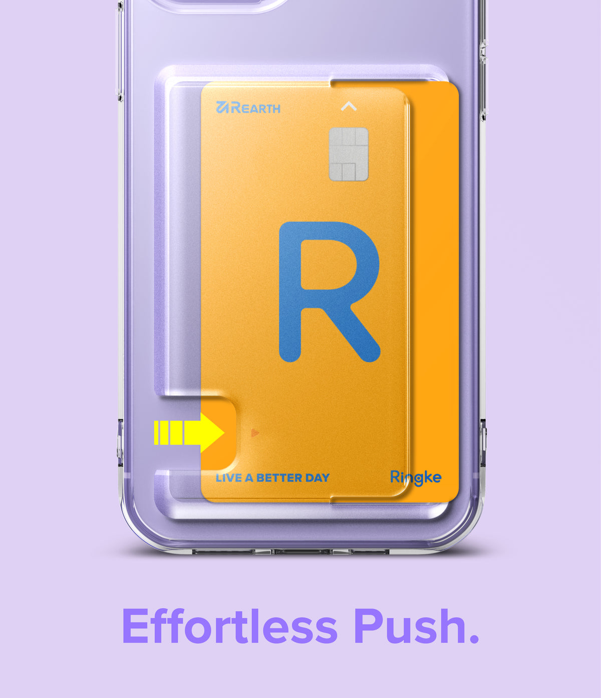 iPhone 12 / 12 Pro Case | Fusion Card - Clear phone case holding a yellow card with a blue R, featuring a yellow arrow indicating a push-out slot.
