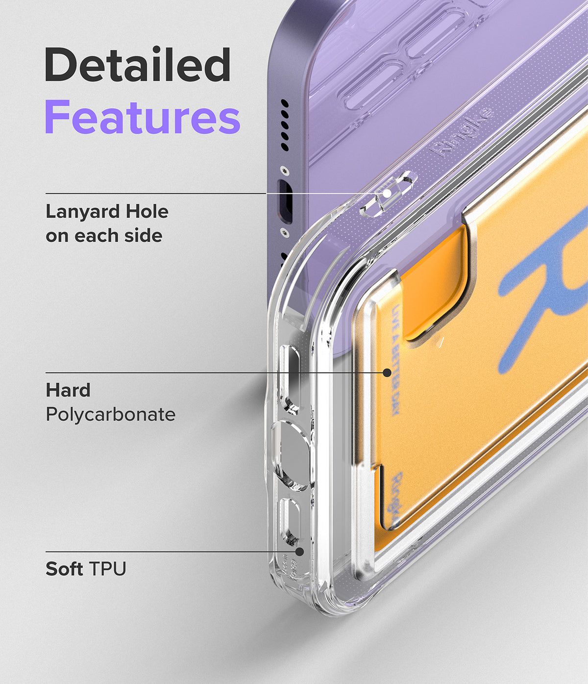 iPhone 12 / 12 Pro Case | Fusion Card - Close-up of clear phone case highlighting lanyard holes, polycarbonate back, and TPU frame.