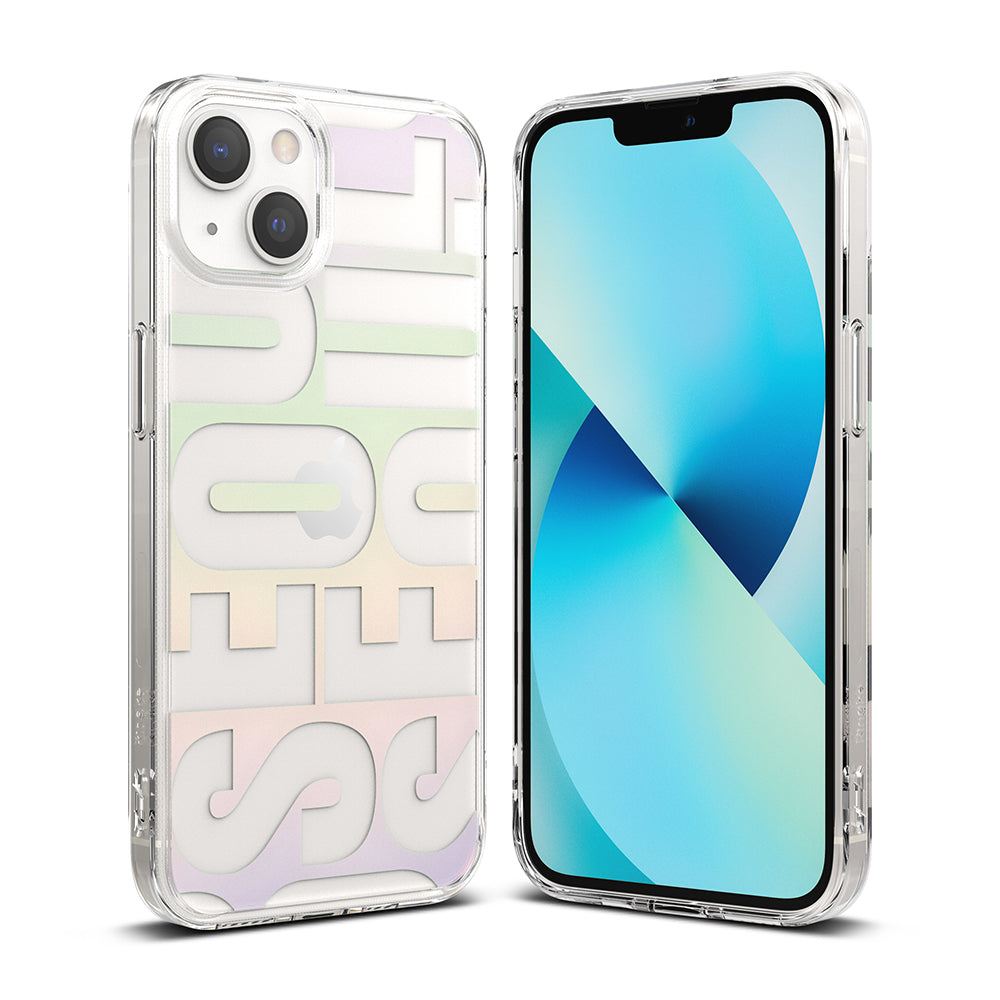 iPhone 13 Mini Case | Fusion Design - Seoul - Clear phone case with pastel "SEOUL" typography on back and blue screen.
