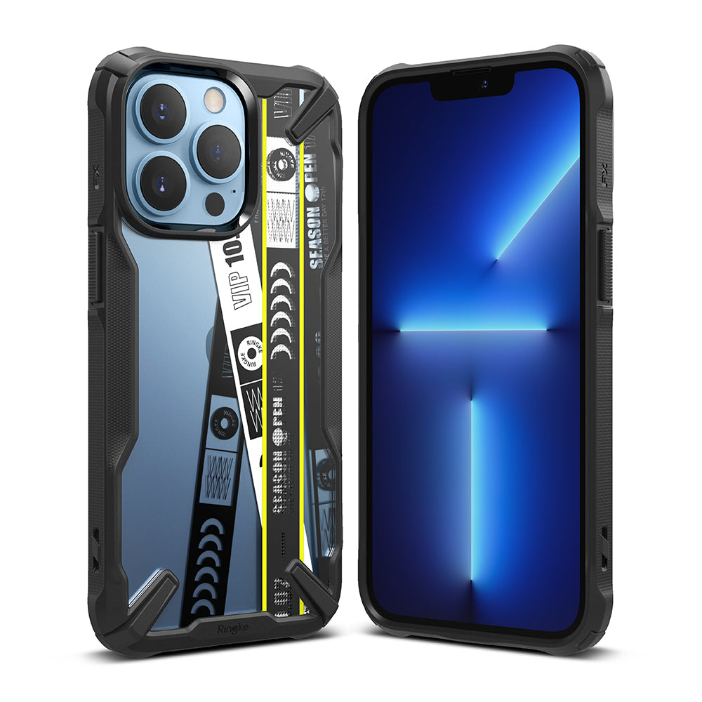 iPhone 13 Pro Case | Fusion-X Design - Ticket Band - Clear phone case with ticket-style graphic on back and black bumper.
