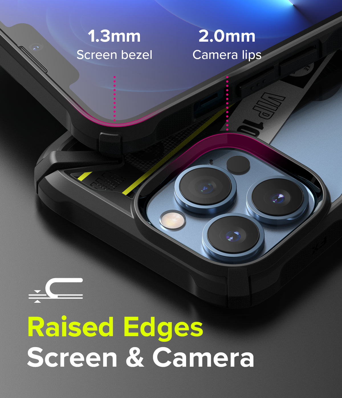 iPhone 13 Pro Case | Fusion-X Design - Ticket Band - Close-up showing 1.3mm screen bezel and 2.0mm raised camera lips.