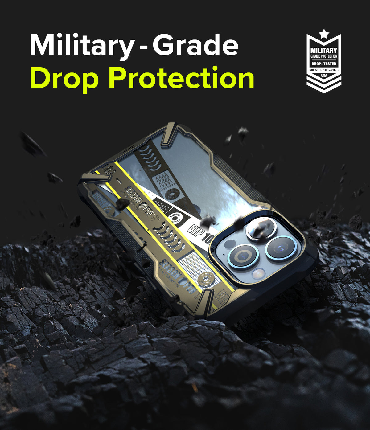 iPhone 13 Pro Case | Fusion-X Design - Ticket Band - Rugged phone case with ticket-themed graphic on dark rocky ground.
