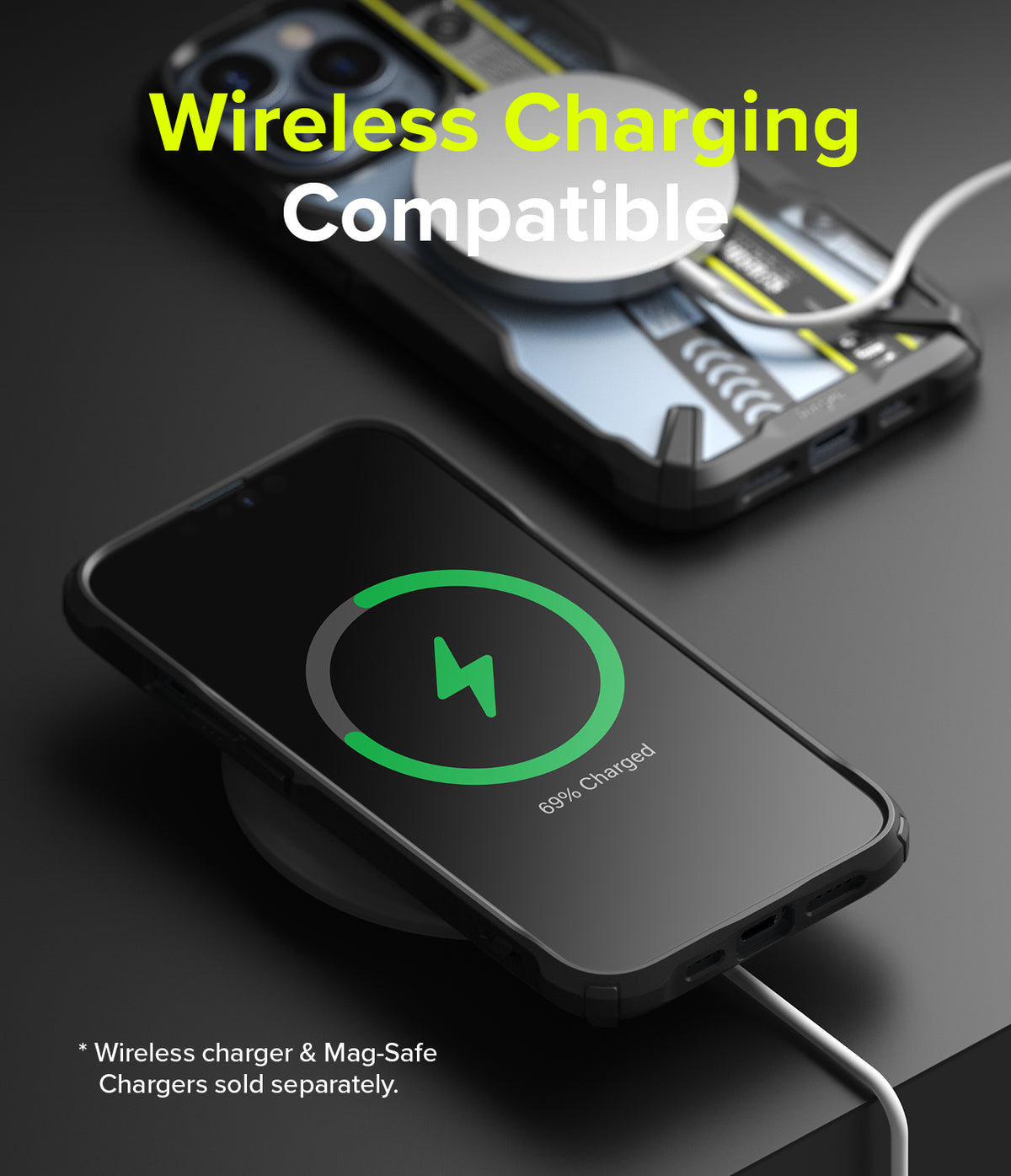iPhone 13 Pro Case | Fusion-X Design - Ticket Band - iPhone 13 Pro in a protective case wirelessly charging on a pad.