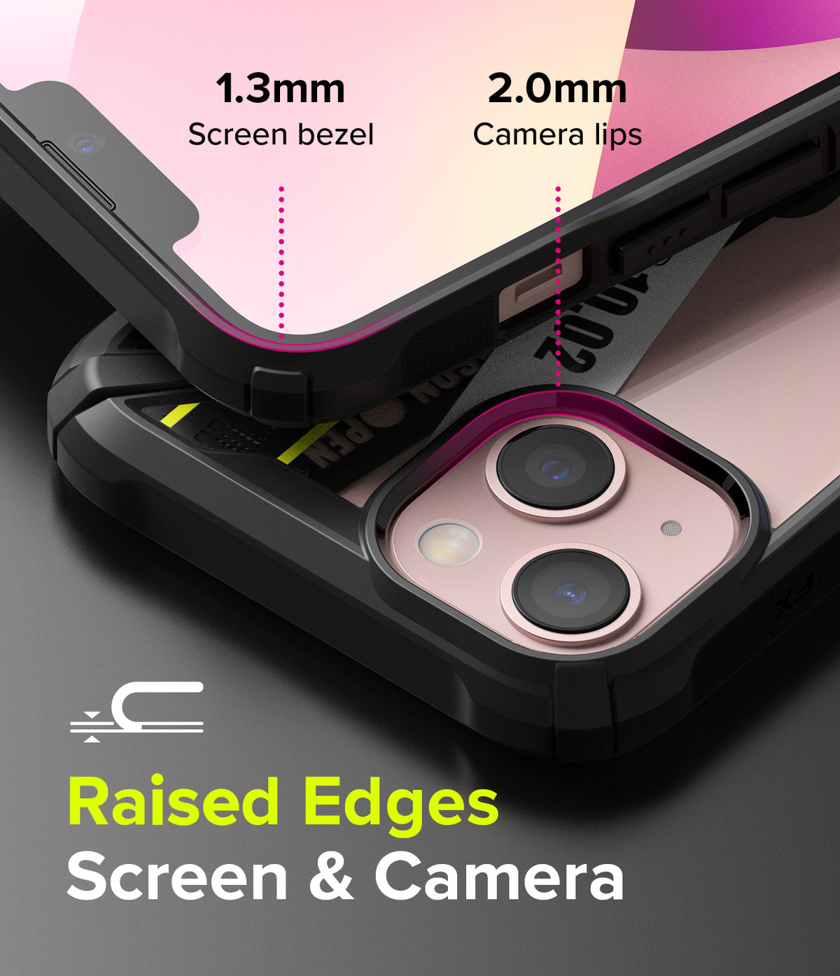 iPhone 13 Case | Fusion-X Design - Ticket Band - Close-up of phone case showing 1.3mm screen bezel and 2.0mm camera lips.