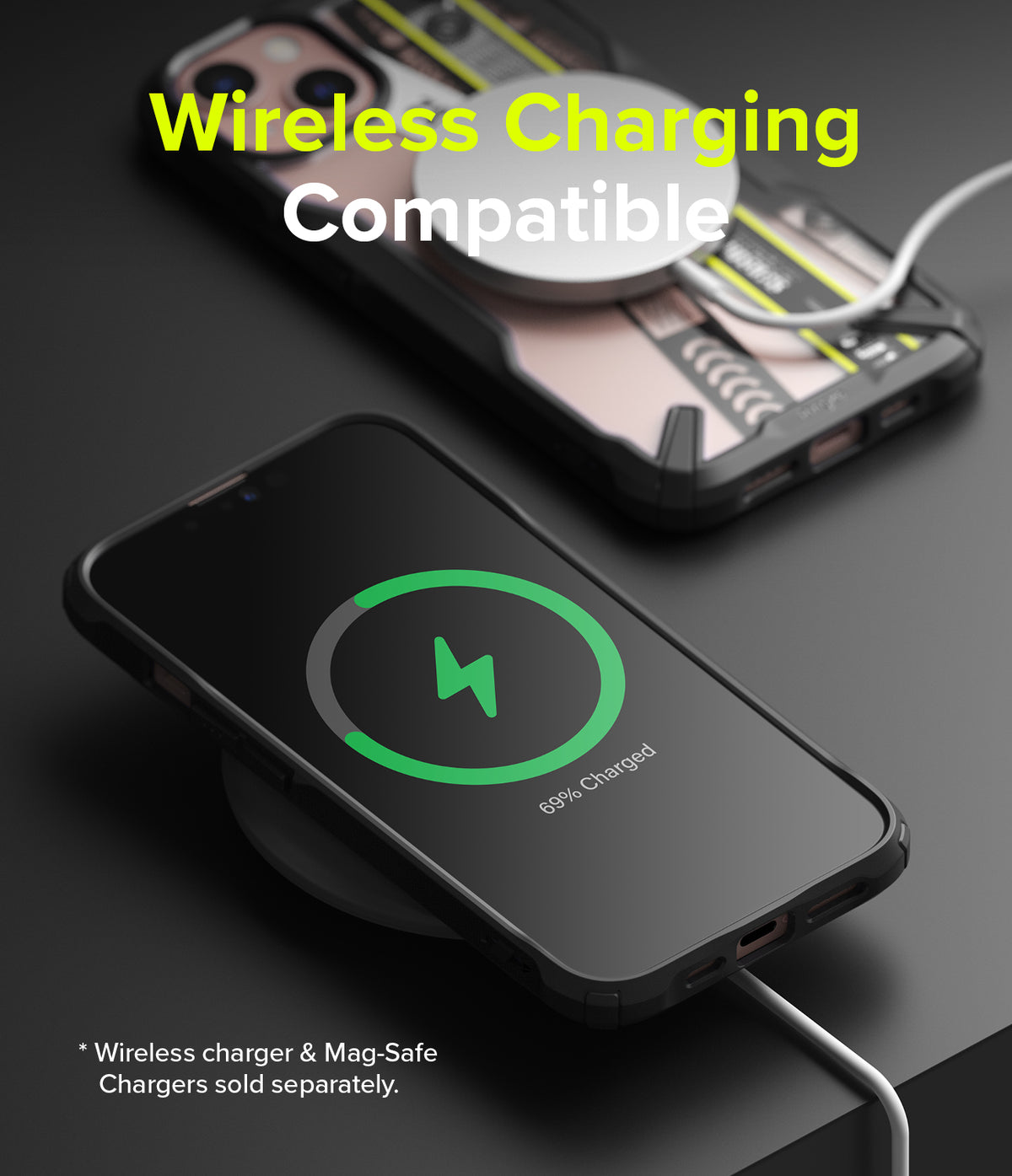 iPhone 13 Case | Fusion-X Design - Ticket Band - Two phones in protective cases wirelessly charging on a dark surface.