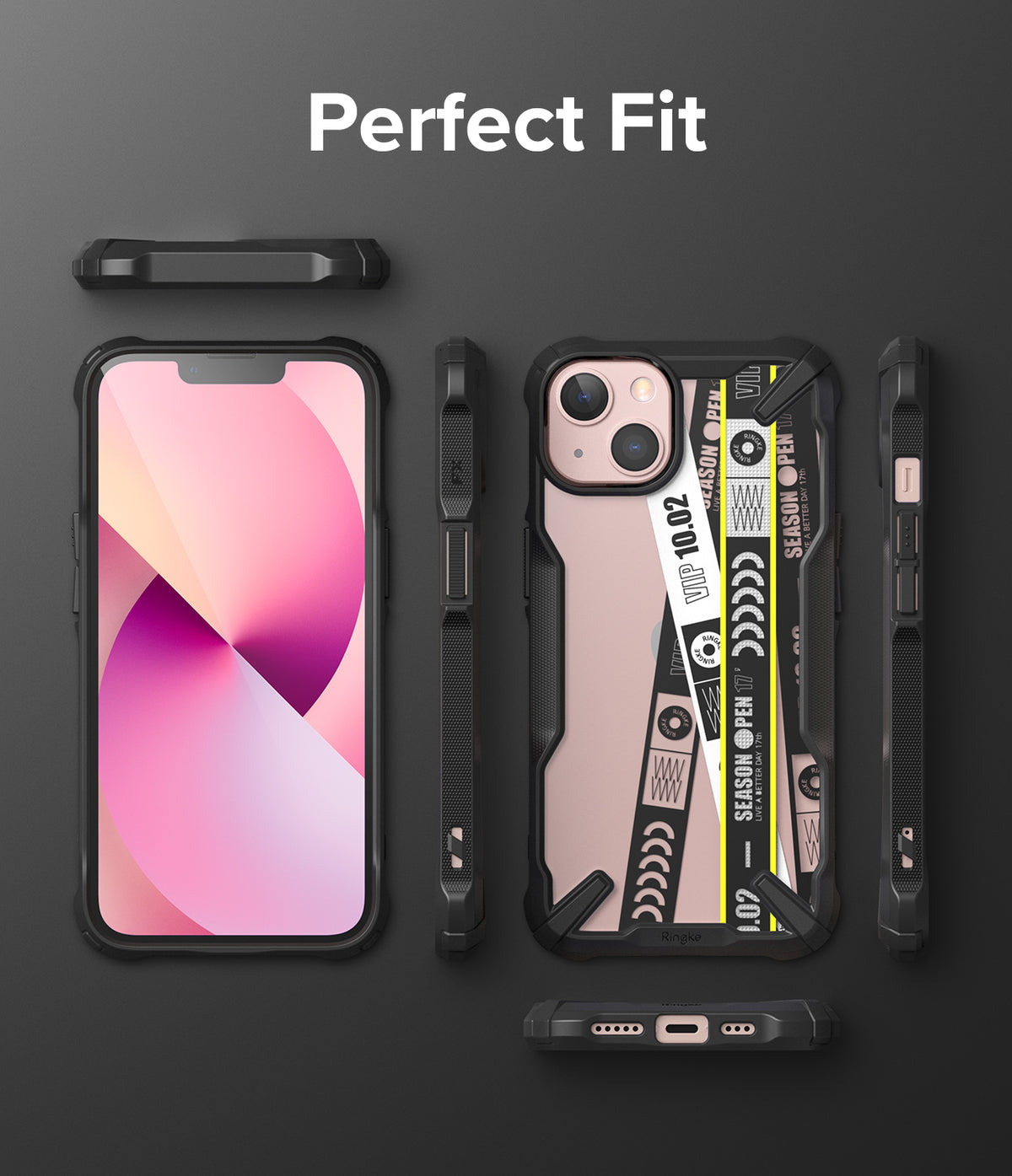iPhone 13 Case | Fusion-X Design - Ticket Band - Exploded view of a black phone case with a ticket-themed back design.