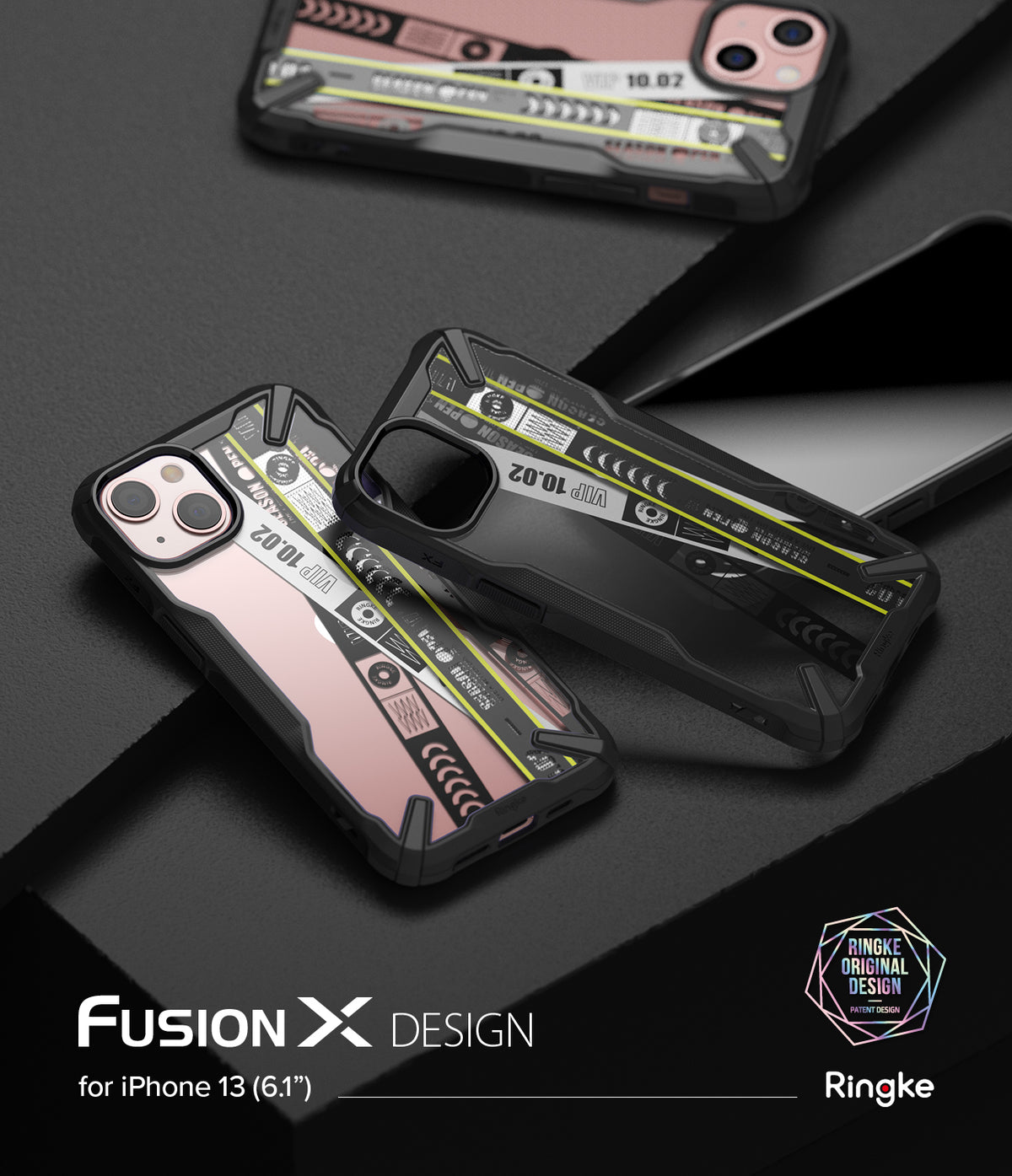 iPhone 13 Case | Fusion-X Design - Ticket Band - Three phone cases with a retro cassette tape graphic on a black surface.