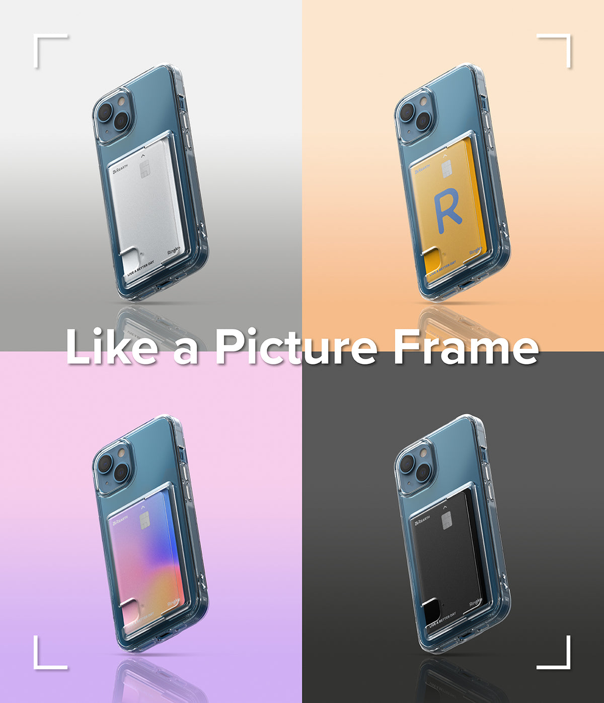 iPhone 13 Case | Fusion Card - Four iPhone 13 cases with card slots in silver, yellow, gradient, and black against colorful backgrounds.