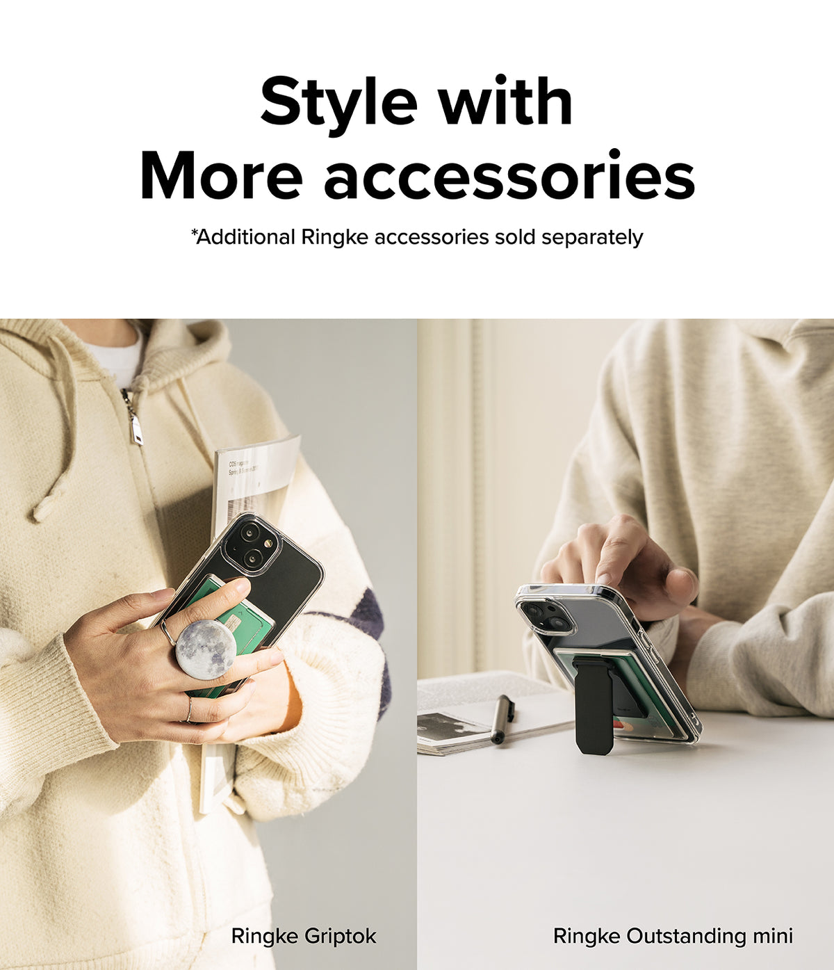 iPhone 13 Case | Fusion Card - Split view showing phone with moon-patterned grip and phone with black kickstand accessory.