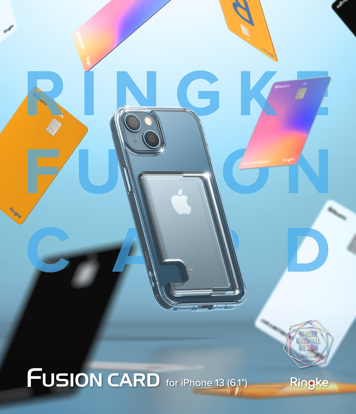 iPhone 13 Case | Fusion Card - Clear phone case with a built-in card slot floating amidst colorful credit cards on blue.