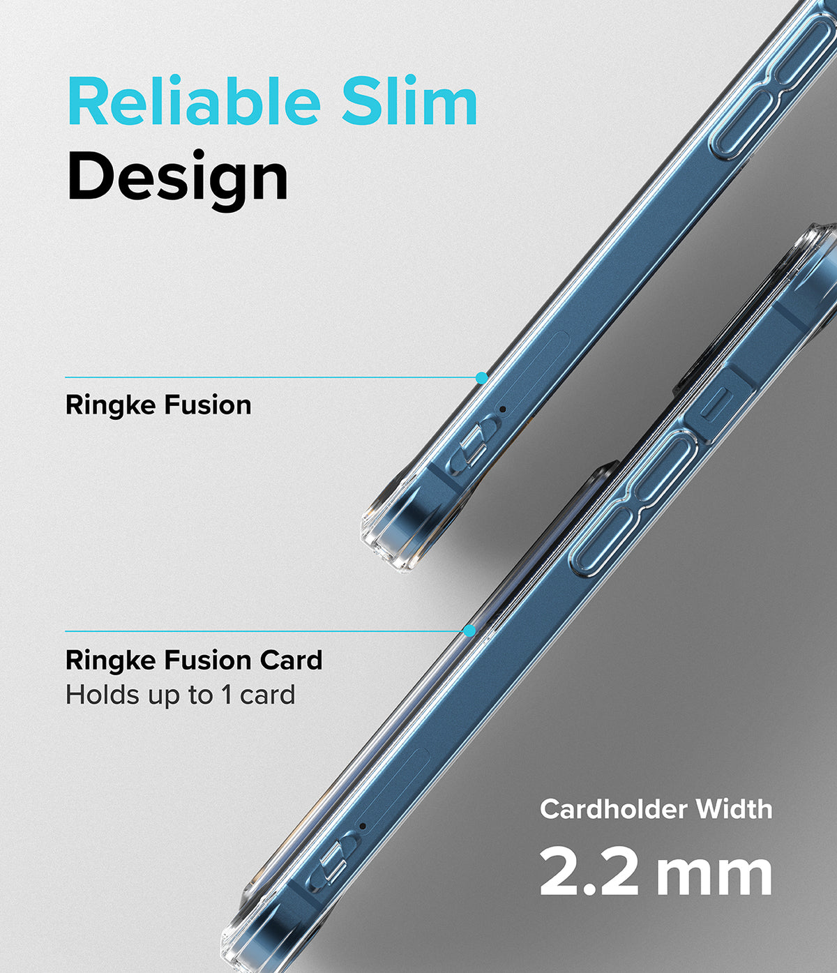 iPhone 13 Case | Fusion Card - Side-by-side comparison of a standard clear phone case and a 2.2mm slim cardholder case.