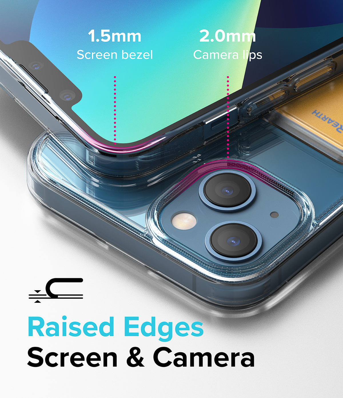 iPhone 13 Case | Fusion Card - Close-up of clear phone case showing 1.5mm screen bezel and 2.0mm camera lips for protection.