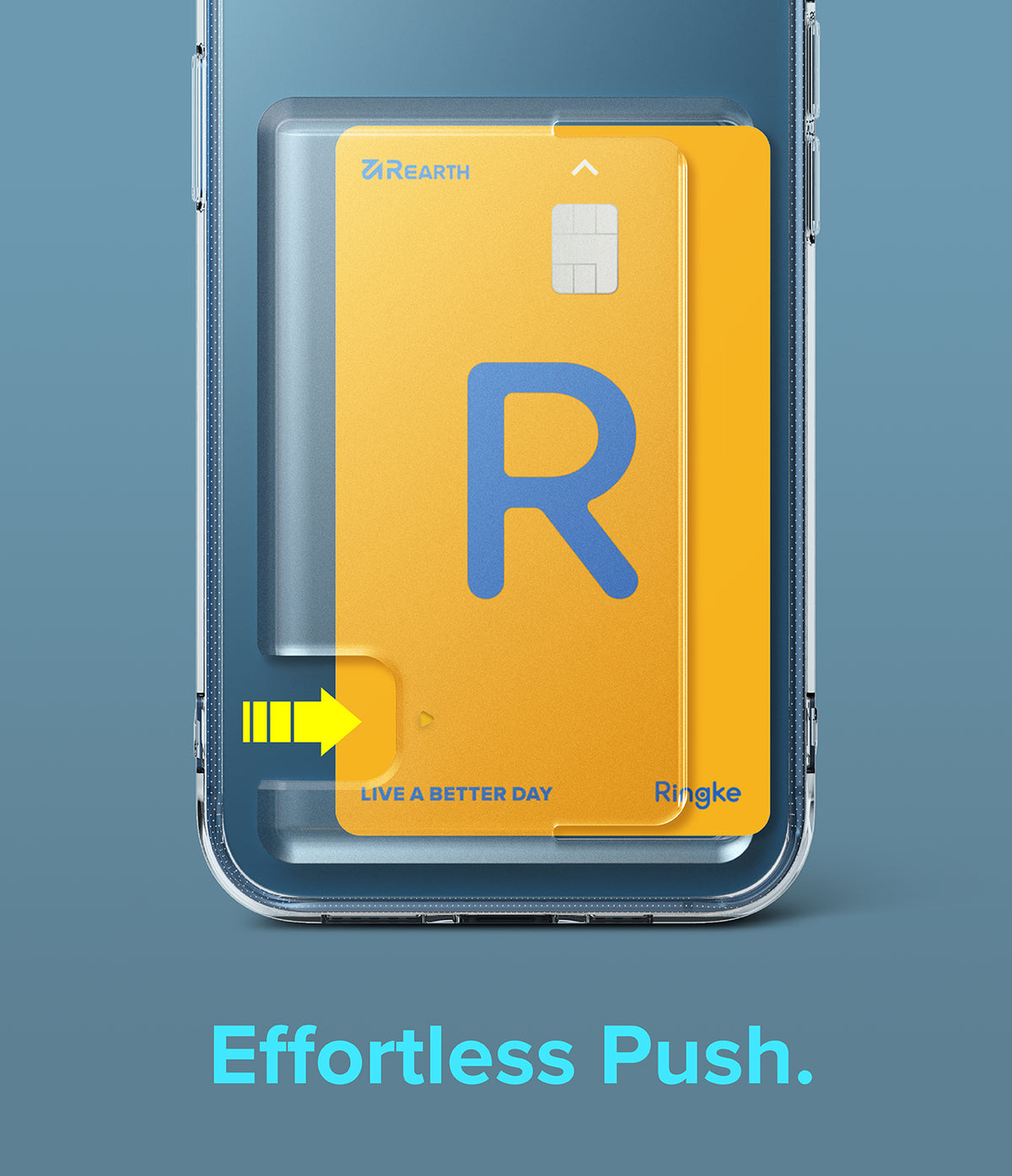 iPhone 13 Case | Fusion Card - Clear phone case with a yellow card slot, showing a yellow card being pushed by a yellow arrow.