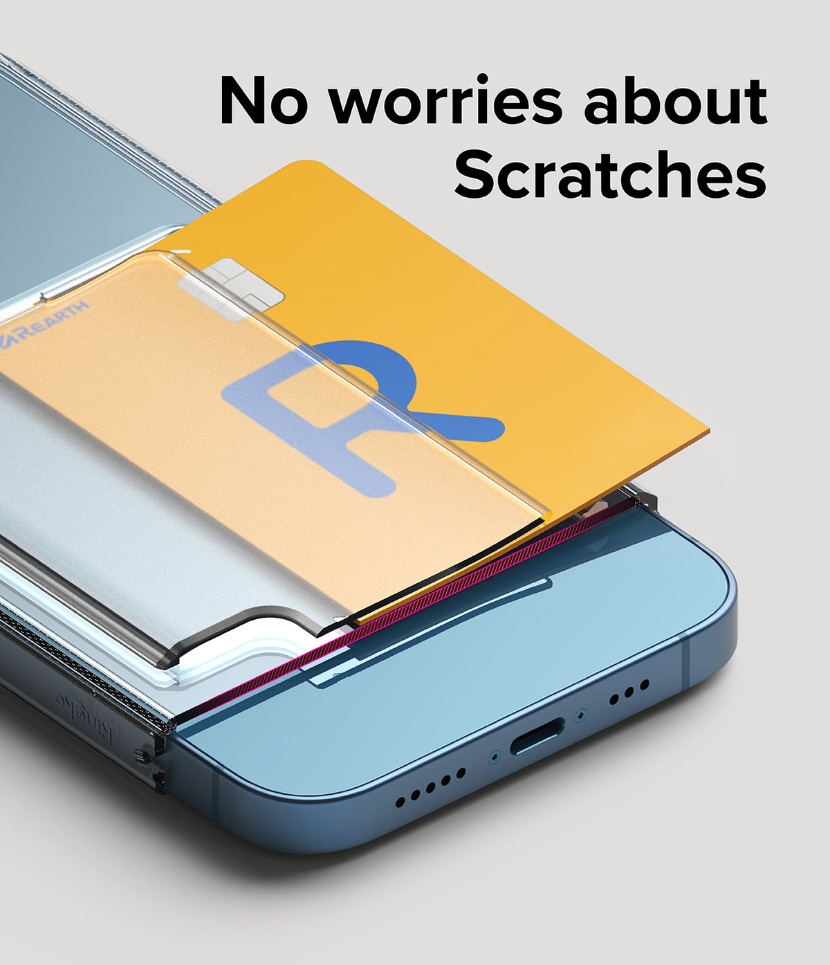 iPhone 13 Case | Fusion Card - A yellow credit card sliding into a clear protective case on a blue iPhone 13.