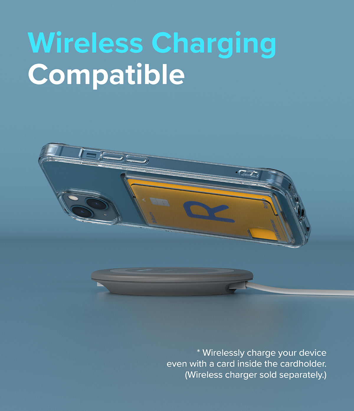 iPhone 13 Case | Fusion Card - Clear phone case with a card holder hovering above a wireless charging pad.