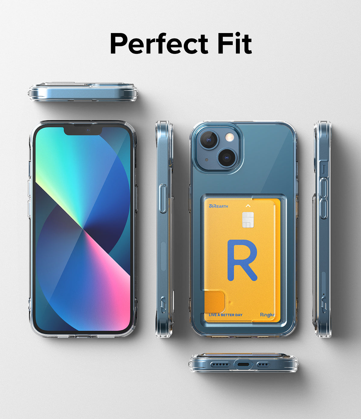 iPhone 13 Case | Fusion Card - Clear iPhone 13 case with a card slot holding a yellow card, shown from multiple angles.