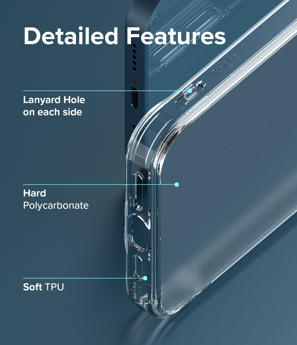 iPhone 13 Case | Fusion Matte - Close-up of phone case features including lanyard holes, hard polycarbonate, and soft TPU.