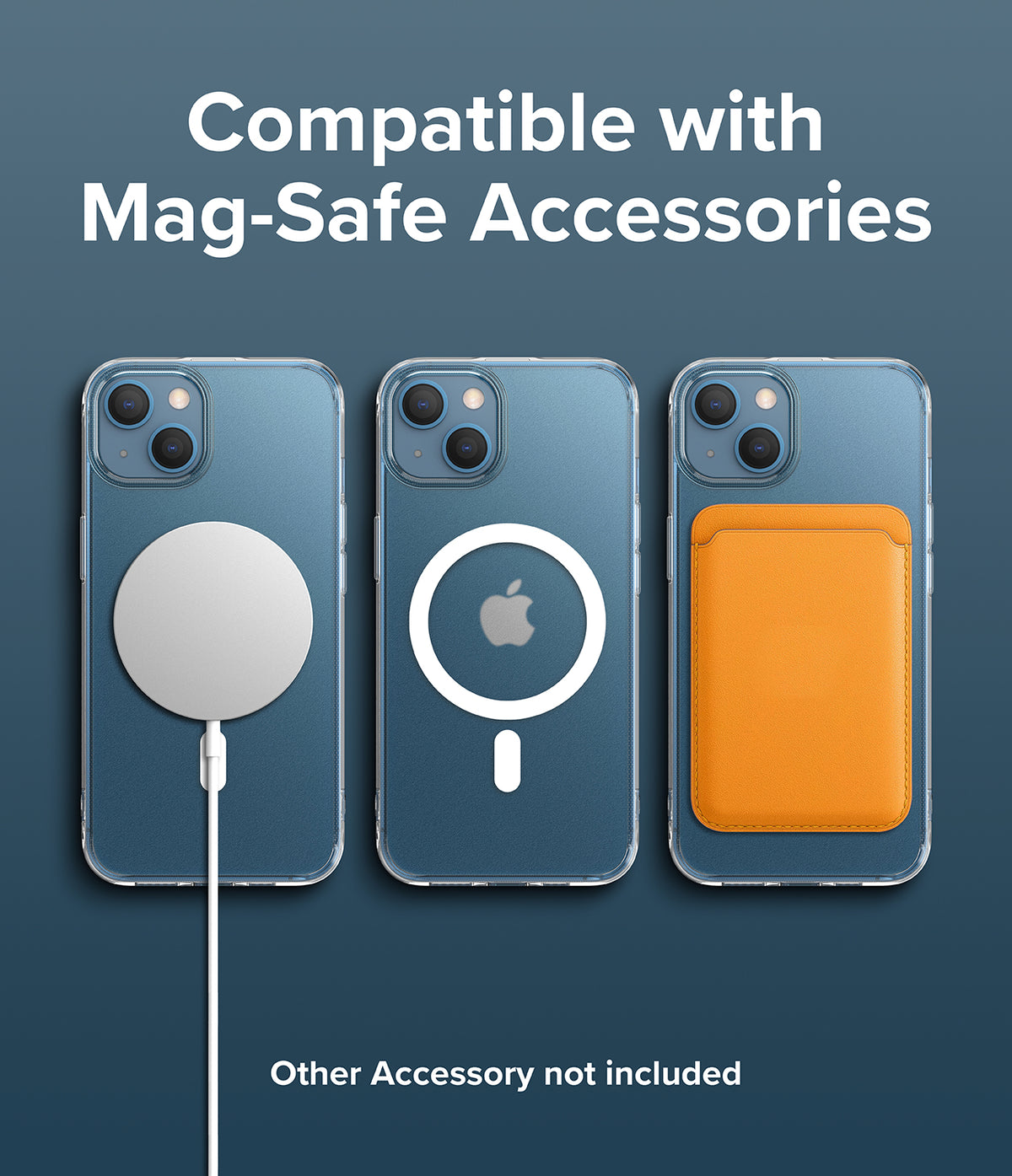 iPhone 13 Case | Fusion Magnetic - Three iPhone 13s in clear cases showing MagSafe charger, magnetic ring, and orange wallet.