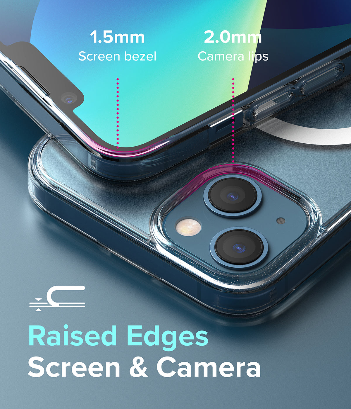 iPhone 13 Case | Fusion Magnetic - Close-up of phone case showing 1.5mm screen bezel and 2.0mm camera lip protection.