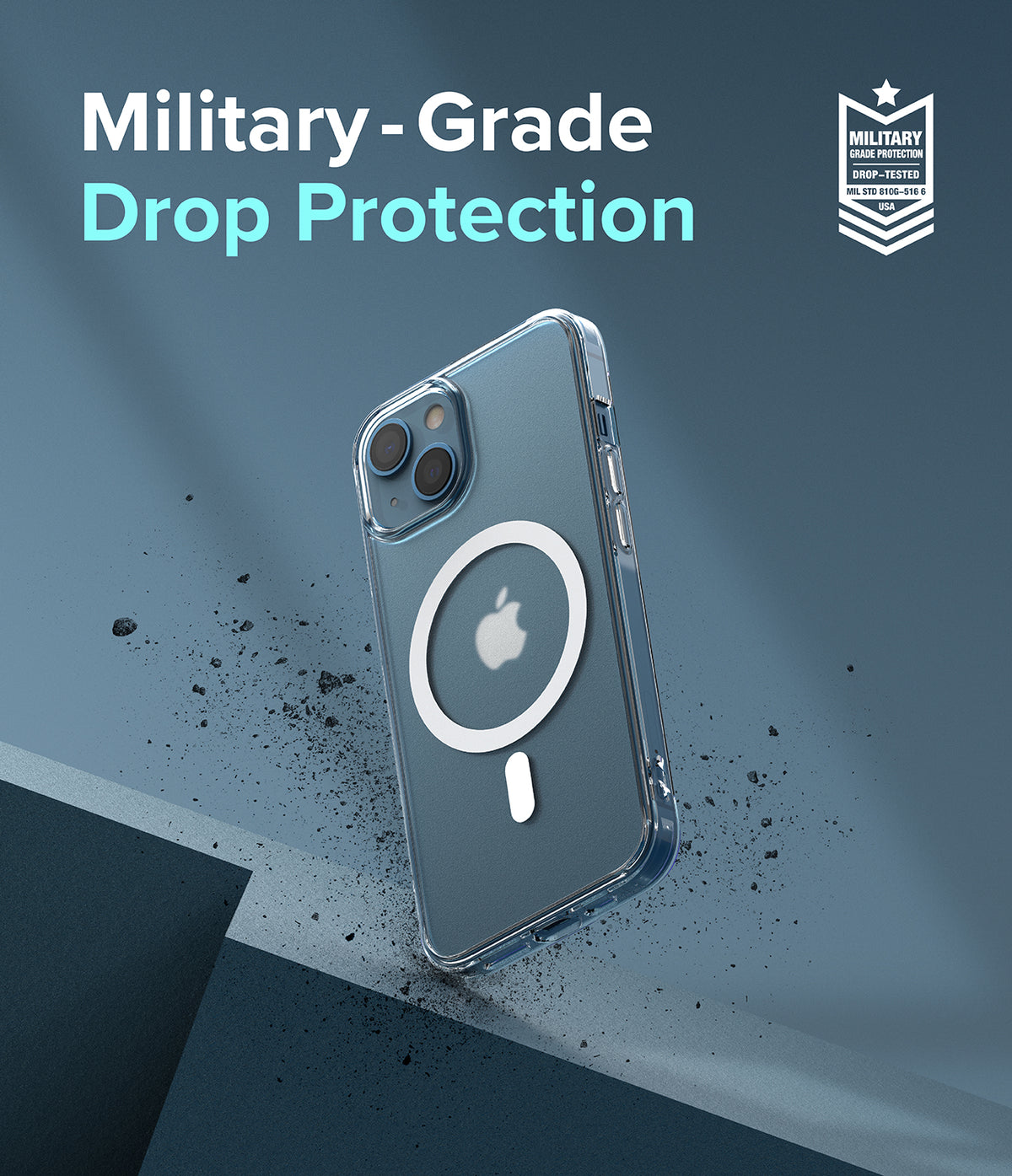 iPhone 13 Case | Fusion Magnetic - Clear iPhone 13 case with MagSafe ring, floating above debris with military-grade drop protection text.