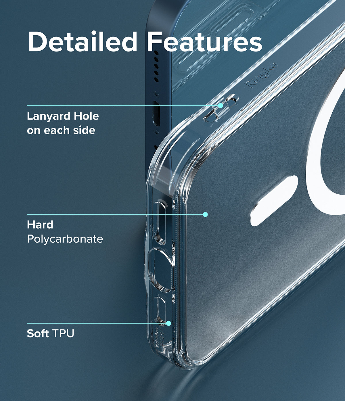 iPhone 13 Case | Fusion Magnetic - Close-up of clear phone case highlighting lanyard holes, polycarbonate back, and TPU frame.