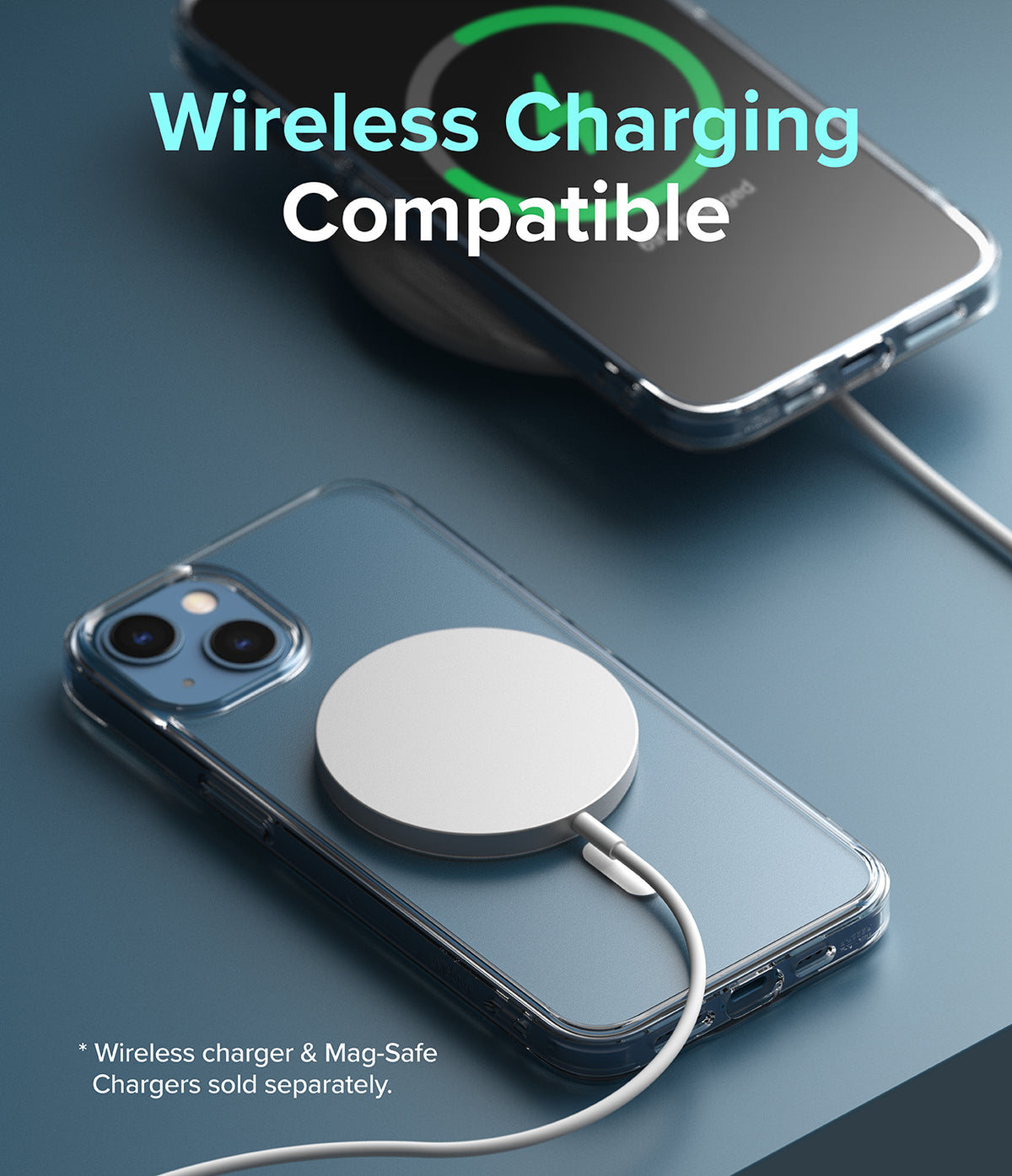 iPhone 13 Case | Fusion Magnetic - Blue iPhone 13 in a clear case charging with a white magnetic wireless charger.