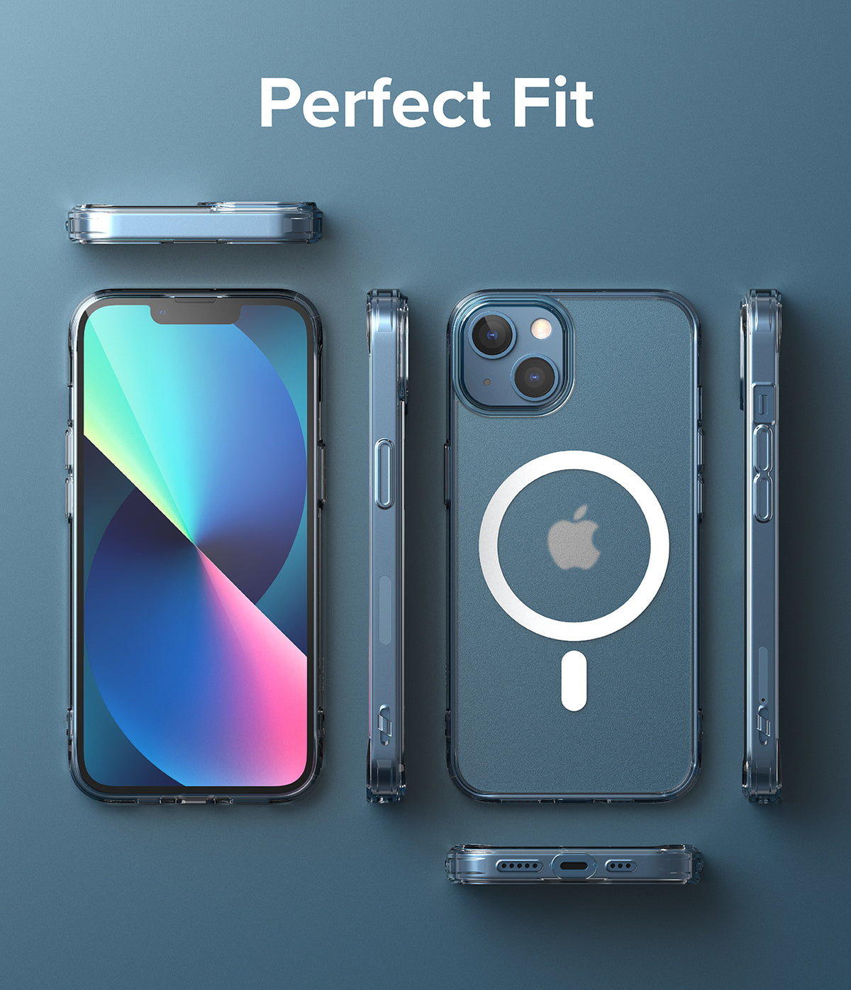 iPhone 13 Case | Fusion Magnetic - Clear iPhone 13 case with MagSafe ring shown from multiple angles on a blue background.