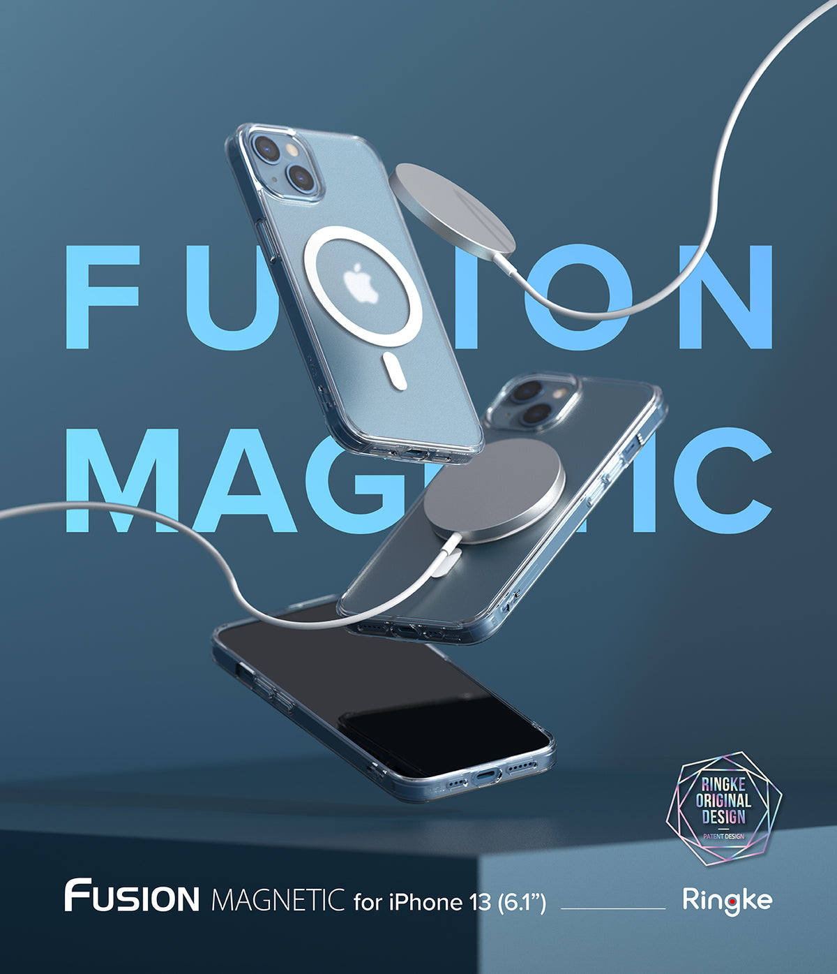 iPhone 13 Case | Fusion Magnetic - Three clear iPhone 13 cases floating with magnetic chargers against a blue background.