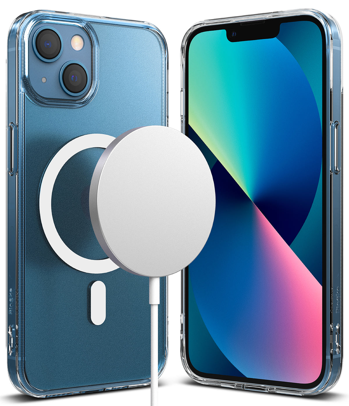 iPhone 13 Case | Fusion Magnetic - Clear phone case on blue iPhone 13 with a white magnetic wireless charger attached.