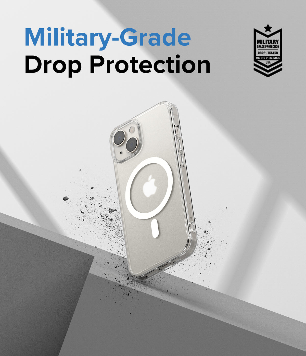 iPhone 14 Plus Case | Fusion Magnetic Matte - Clear magnetic phone case floating above a geometric surface with debris.
