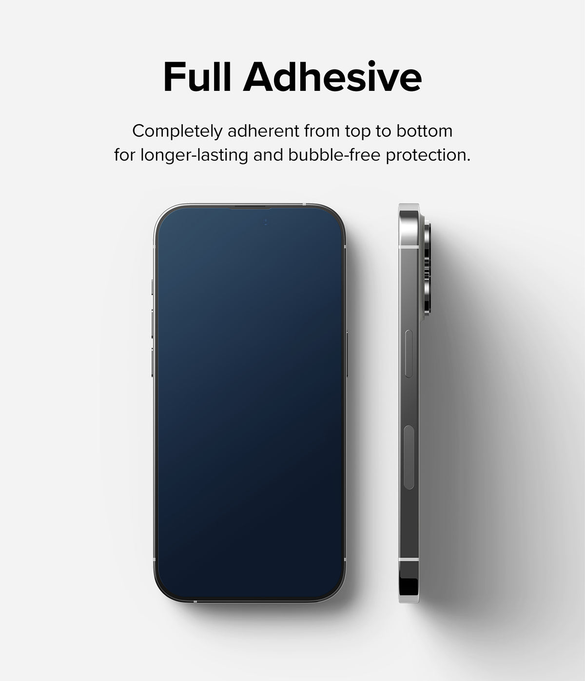 iPhone 14 Pro Max Screen Protector | Full Cover Glass - iPhone 14 Pro Max Screen Protector - Front and side views of a smartphone showing full-adhesive glass screen protection.
