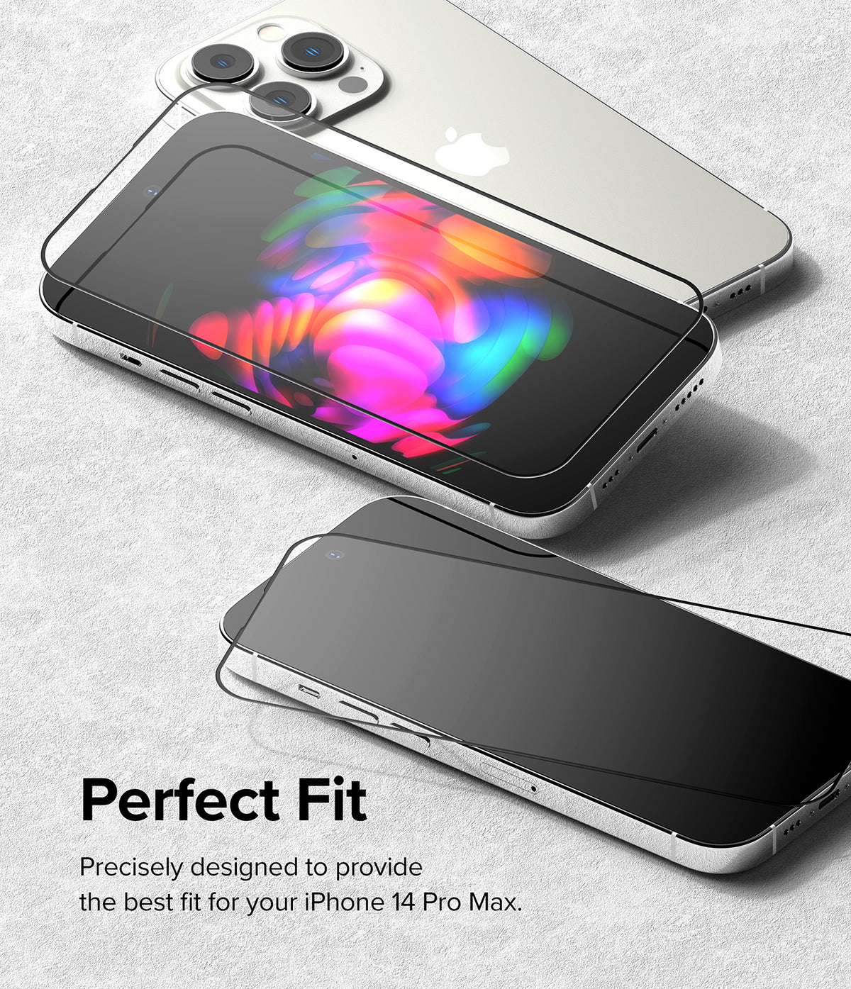 iPhone 14 Pro Max Screen Protector | Full Cover Glass - iPhone 14 Pro Max Screen Protector - Two silver iPhones with black glass screen protectors hovering above their displays.