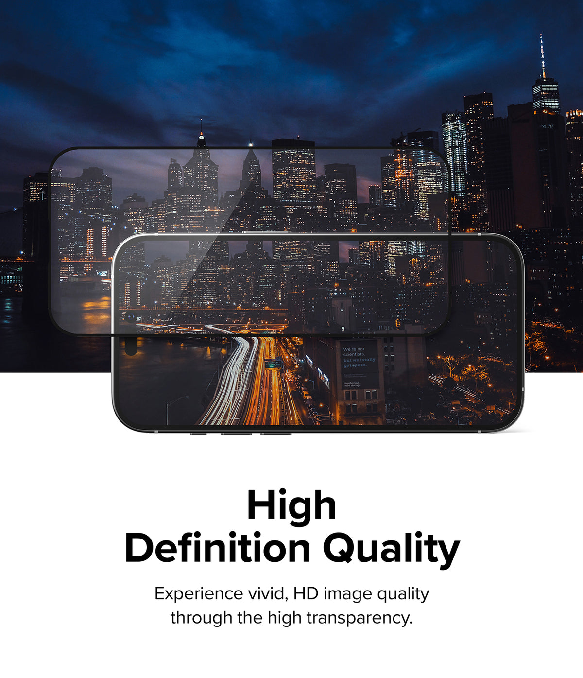 iPhone 14 Pro Max Screen Protector | Full Cover Glass - iPhone 14 Pro Max Screen Protector - Transparent glass protector overlaying a smartphone displaying a vivid city night view.