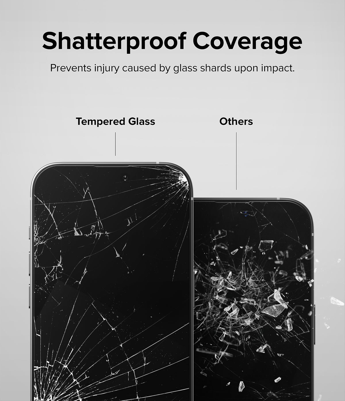 iPhone 14 Pro Max Screen Protector | Full Cover Glass - iPhone 14 Pro Max Screen Protector - Comparison of cracked tempered glass versus shattered glass with loose shards.